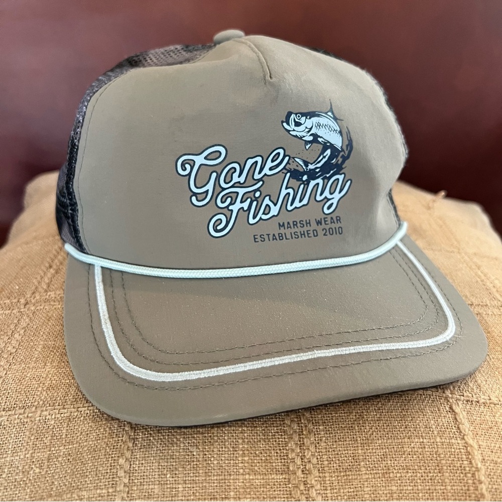 Marsh Wear Gone Fishing Youth Trucker Hat Adjustable Gray with Camo Mesh
